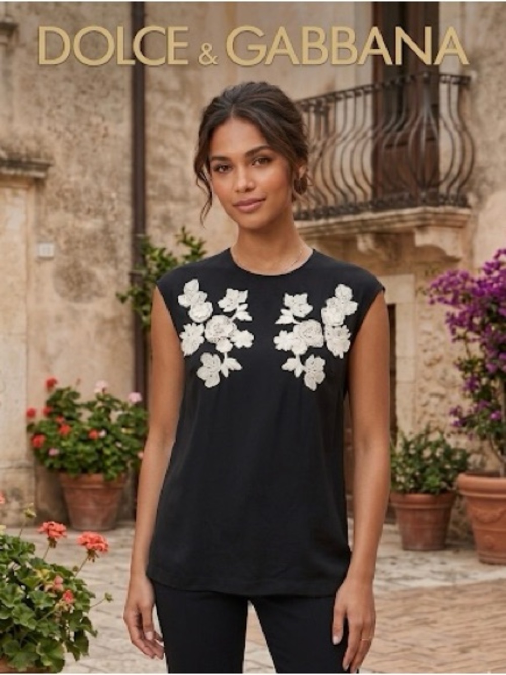 Dolce & Gabbana Black Tank Top with White Floral Appliqué